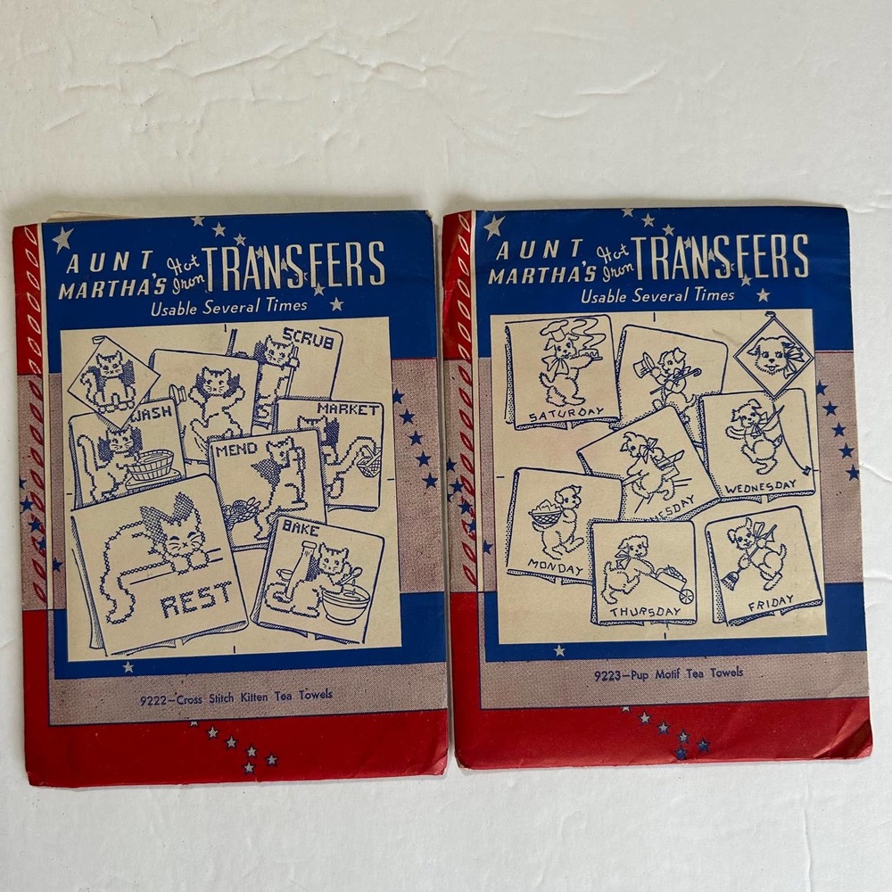Vintage Aunt Marthas Hot Iron Transfers Cross Stitch #9222‎ Kittens & #9223 Pups